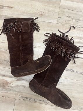 Vintage Handmade Brown Suede Leather Fringe Moccasin Boots